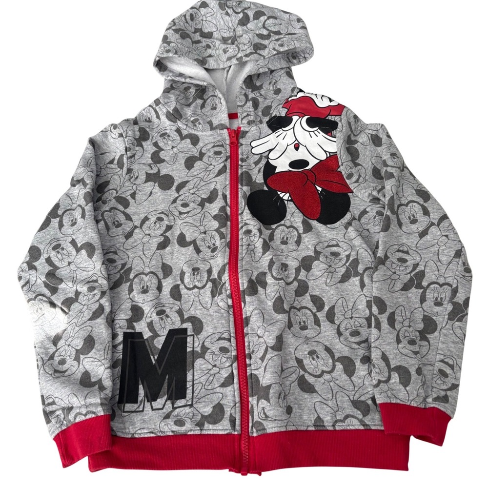 Disney Minnie Mouse Zip Up Hoodie Gray Red Glitter Bow All Over Print Large